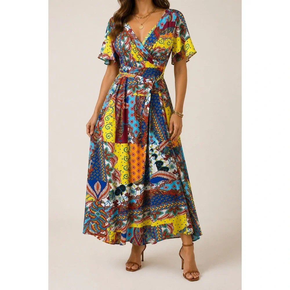 Boho Patchwork Maxi Dress Wrap Style Medium M Colorful Festival Flutter Sleeve - Picture 1 of 9